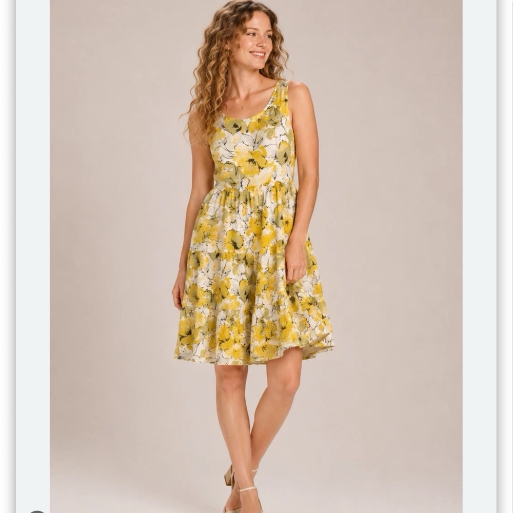 Valentina Naldi Linen Dress Yellow Floral Sundress Large Made In Italy Tiered